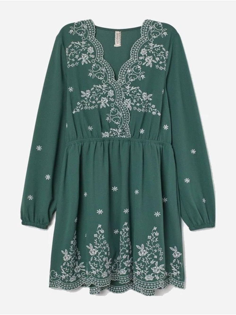 H&M Green Long-Sleeve Embroidered Smock Dress